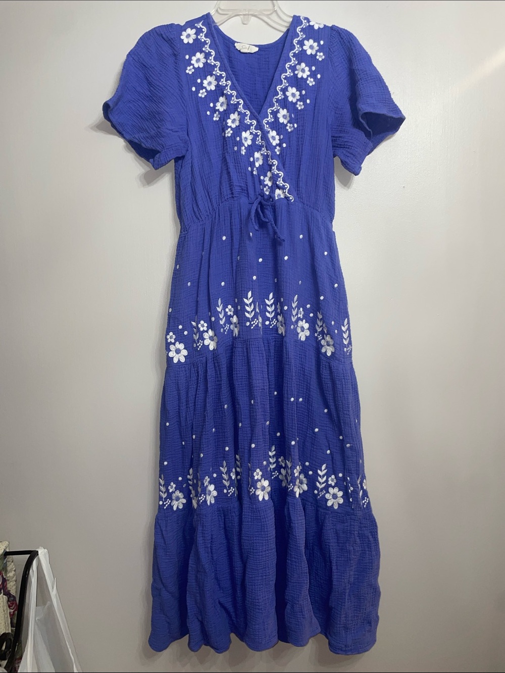 easel Dusty Blue Maxi Dress with White Floral Embroidery